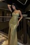 Women's Strapless Neck Slit Detailed Draped Long Glittery Sequin Maxi Evening Dress Gold 583164 - 3