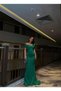 Crepe Fabric Heart Collar Off Shoulder Detail Tail Detail Maxi Dress Emerald 582988