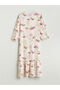 Beige V-Neck Floral A-Line Dress - 6