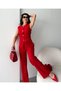 Women's Design Buttoned Vest Trousers Suit Red - 5