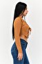 Women Tie Neck Long Sleeve Textured Crop Top, Brown - 3