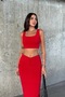 Women's Red Skirt with Front Ruffle Detail, Lined, Midi Length, Thick Straps, Crop Top and Bottom Set - 7