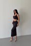 Women's Gray Skirt with Front Gathered Detail, Lined, Midi Length, Thick Straps, Crop Blouse, Bottom and Top Set - 4