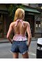 Women's Cotton Linen Back Low-Cut Halter Neck Tie-Up Crop Blouse - 2