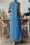 Women's Dark Blue V-Neck Sleeveless Maxi Length Linen Dress - 2