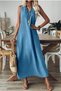 Women's Dark Blue V-Neck Sleeveless Maxi Length Linen Dress - 5