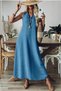 Women's Dark Blue V-Neck Sleeveless Maxi Length Linen Dress - 3