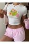 Women's White Summer Coconat Printed Crew Neck Tight Crop Tshirt - 2
