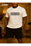 Authentic Printed Cotton Fabric Men's White T-Shirt-Black Shorts Set - 2