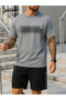 Authentic Printed Cotton Fabric Men's Gray T-Shirt-Black Shorts Set