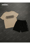 Authentic Printed Cotton Fabric Men's Beige T-Shirt-Black Shorts Set - 3