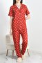 Women's Cotton Button-Down Short Sleeve Pajamas Set Red Color Shirt Collar Heart Pattern - 3