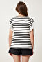 Women's Bone Black Striped Flounced Cotton Knitted Blouse Tp00080 - 6