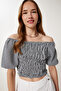 Women's Black Checkered Carmen Collar Stretchy Crop Linen Blouse Tp00079 - 2