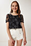 Women's Black Sequin Embroidered See-Through Crop Blouse Tp00065