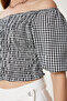 Women's Black Checkered Carmen Collar Stretchy Crop Linen Blouse Tp00079 - 3