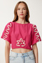 Women's Dark Pink Balloon Sleeve Embroidered Crop Poplin Blouse Tp00082 - 3