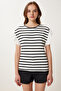 Women's Bone Black Striped Flounced Cotton Knitted Blouse Tp00080 - 4