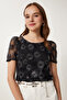Women's Black Sequin Embroidered See-Through Crop Blouse Tp00065 - 3