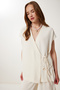 Women's Cream Wrap Collar Blouse Pants Suit Dd01355 - 3