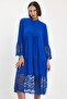 Women's Cobalt Blue Tulle Detailed Long Woven Viscose Dress - 5