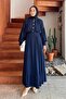Gold Button Detailed Crinkle Dress Navy Blue - 4