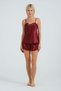 Women's Burgundy Lace Detailed Satin Pajama Set with Rope Strap, Stylish and Elegant Sleep Set - 3
