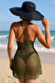 Women's V-Neck Sleeveless Strap Openwork Back Low-Cut Cross Rope Strap Khaki Mesh Mini Beach Dress - 2