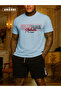 California Authentic Printed Cotton Fabric Men's Light Blue T-Shirt-Black Shorts Set - 2