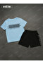 Authentic Printed Cotton Fabric Men's Light Blue T-Shirt-Black Shorts Set - 3