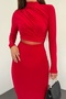 Women's Stretchy Sandy Fabric Tulle Low-cut Detailed Stand Collar Long Sleeve Midi Length Red Dress 10957 - 6