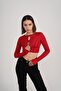 Crew Neck Long Sleeve Chest Detailed Crop Frank Blouse Red