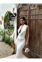 Women's Backless Deep Shawl Collar Long White Dress - 3