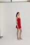 Women's Red Thick Strap Dress with Shirring Detail on the Sides - 6