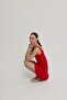 Women's Red Thick Strap Dress with Shirring Detail on the Sides
