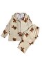 Girl's Milan Fabric Lycra Beige Color Teddy Bear Patterned Buttoned Shirt Collar Pajama Set - 2