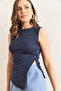 Women's Navy Blue Asymmetric Button Detailed Modal Content Blouse Blz-19003018 - 4