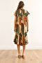 Women Geometric Camel V Neck Patterned Woven Viscose Midi Bell Dress Elb-19002443 - 6
