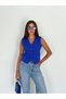 Women's Blue Body Fitting Woven Fabric Lined V-Neck Short Vest