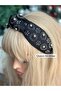 Luxury Metallic Staple Stone Pearl Processing Motif Denim Fabric Thick Knot Women's Crown Black Wide Crown - 2