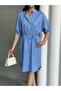 Women's Striped Half-Button Midi Length Dress - 4
