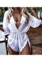 Tulle White Gathered V-Neck Beach Jumpsuit Pareo - 3