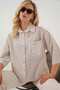 Women's Single Pocket Embroidered Shirt 20328 - Beige