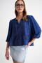 4704 Women's Ruffled Balloon Sleeve Short Denim Blouse Navy Blue - 4
