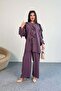 Ruffle Detail Long Sleeve Blouse and Wide Leg Pants Two Piece Set 8023 - Plum - 2