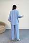 Ruffle Detail Long Sleeve Shirt and Wide Leg Pants Two Piece Set 8021 - Blue - 2