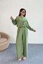 Ruffle Detail Long Sleeve Shirt and Wide Leg Pants Two Piece Set 8021 - Green