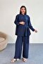 Lacing Detailed Shirt and Wide Leg Pants Double Set 2519 - Navy Blue - 2