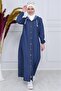 Women's Buttoned Hooded Dark Blue Denim Dress