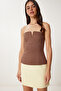 Strapless Crop Woven Blouse Brown Lfk0007